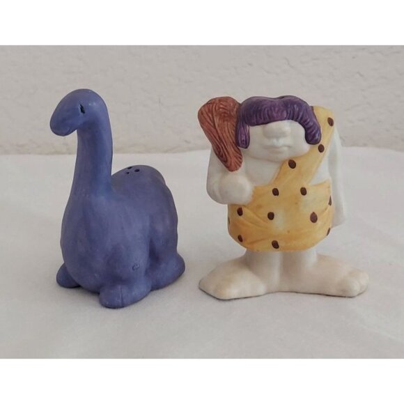 Albert Price Porcelain Caveman and Dinosaur Salt And Pepper Shakers 3.5" Vintage - Picture 1 of 5